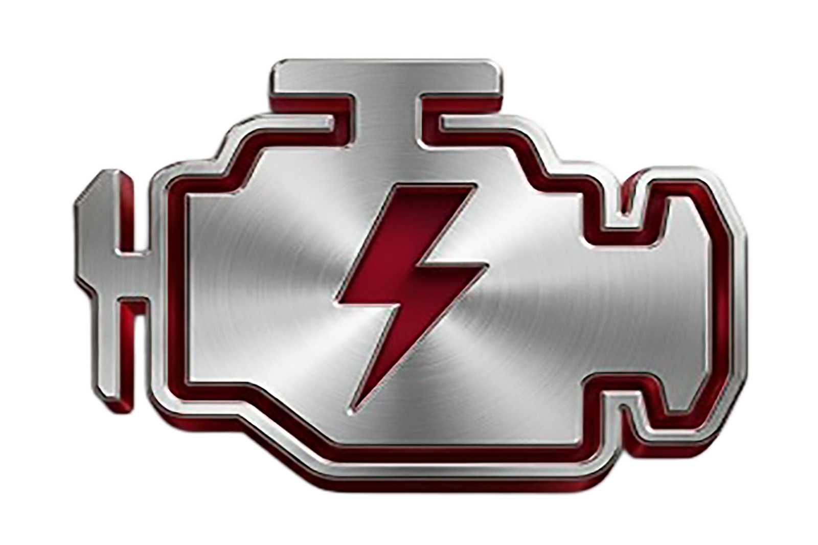 "A stylized 3D silver metallic check engine light icon with a red lightning bolt in the center, representing engine diagnostics.