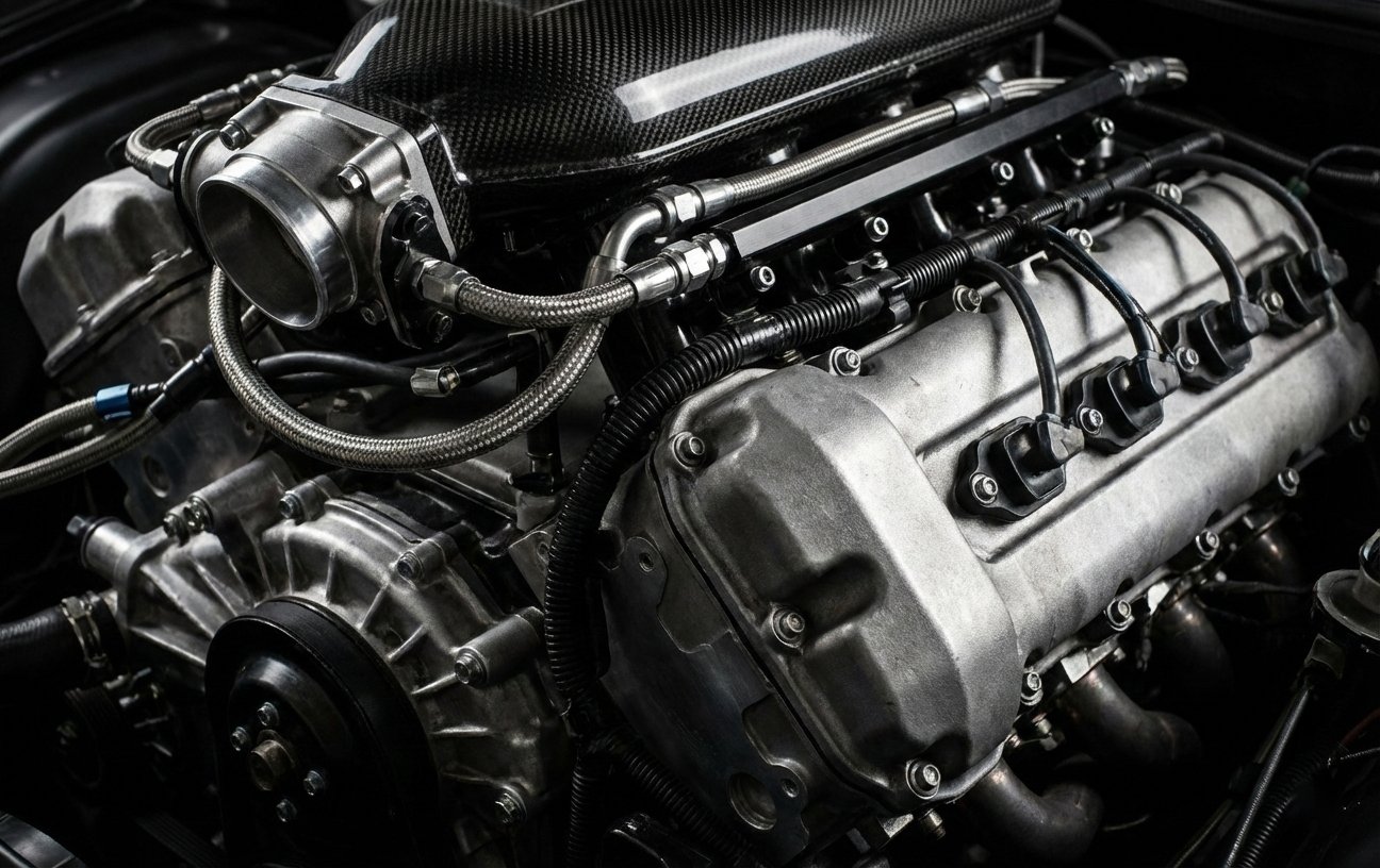 Macro close-up detail of a high-performance GM engine engine bay at Grayless Automotive, highlighting precision mechanical components, metallic textures, and clean assembly.