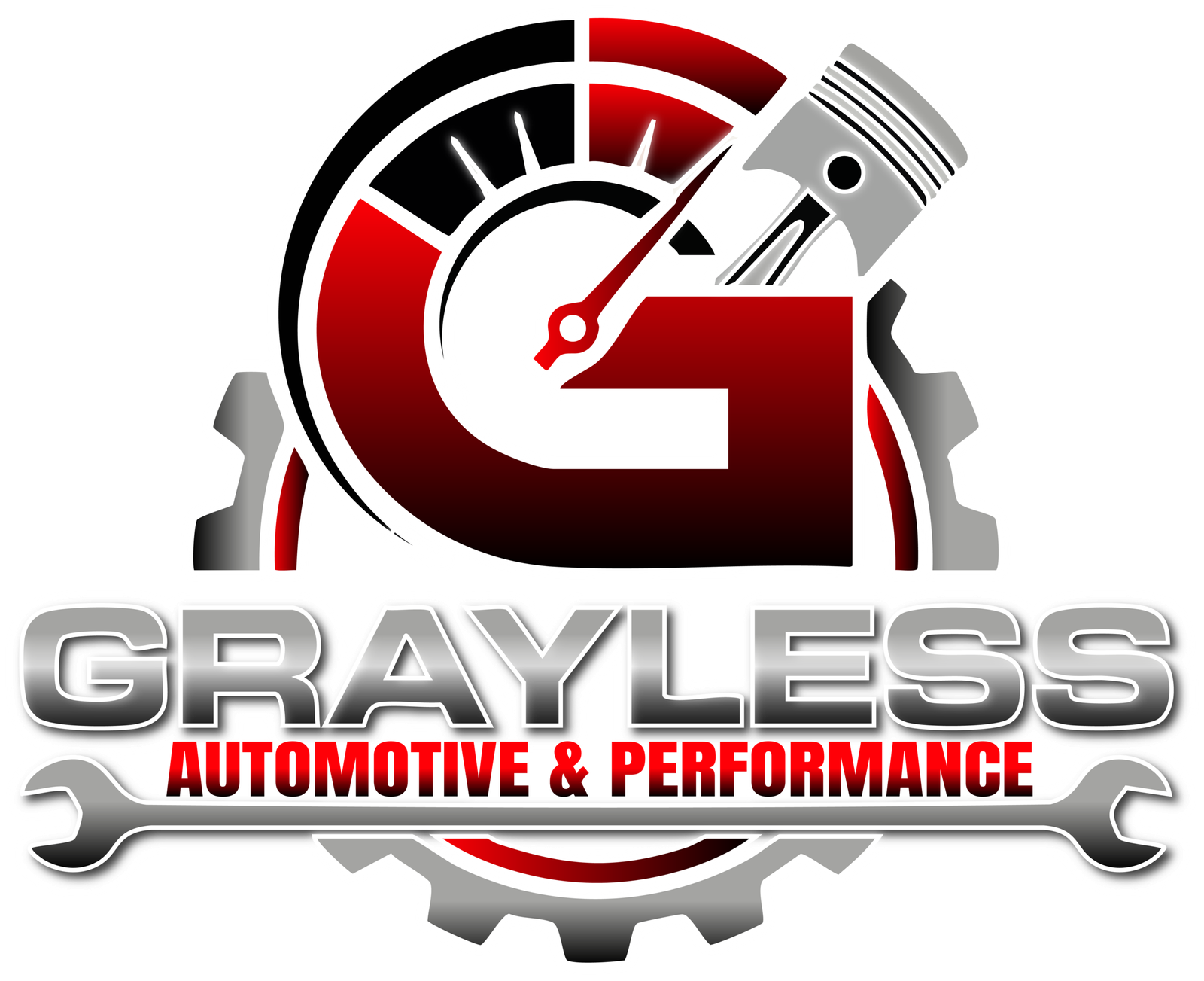 Official Logo for Grayless Automotive & Performance featuring a stylized gauge and piston 'G' design, representing ASE Master Certified auto repair and GM specialization in Clinton County.