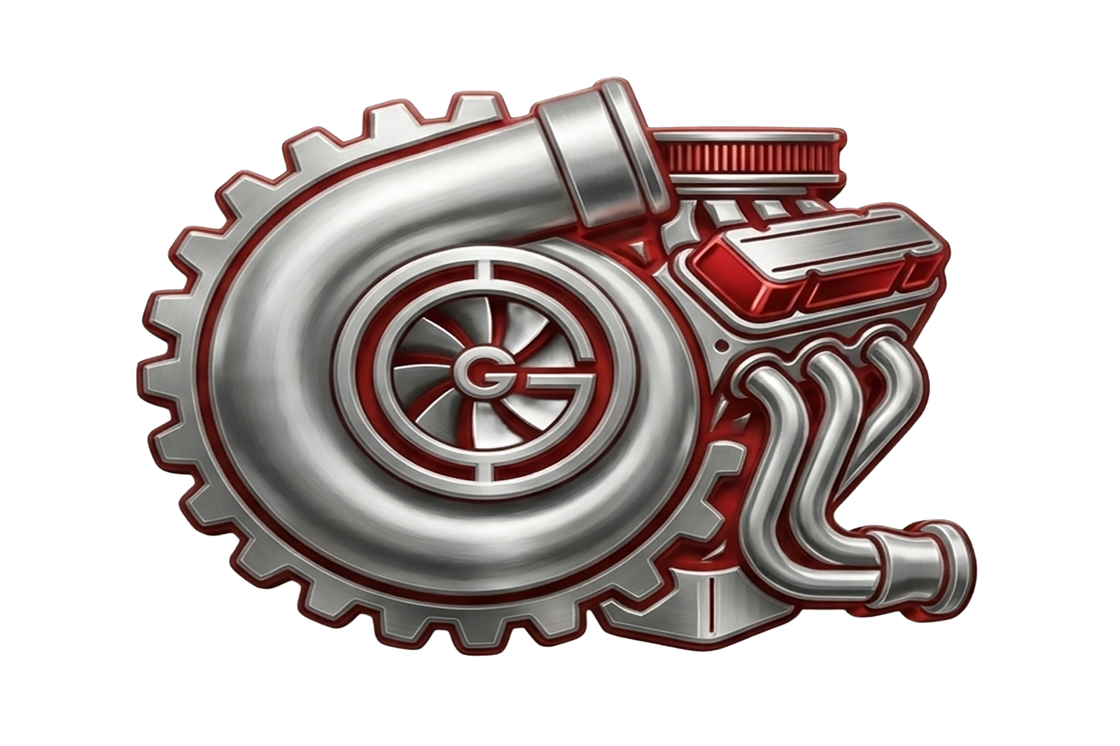 Industrial metal icon featuring a mechanical gear and turbocharger element with a rising red graph line, symbolizing increased horsepower and performance upgrades."